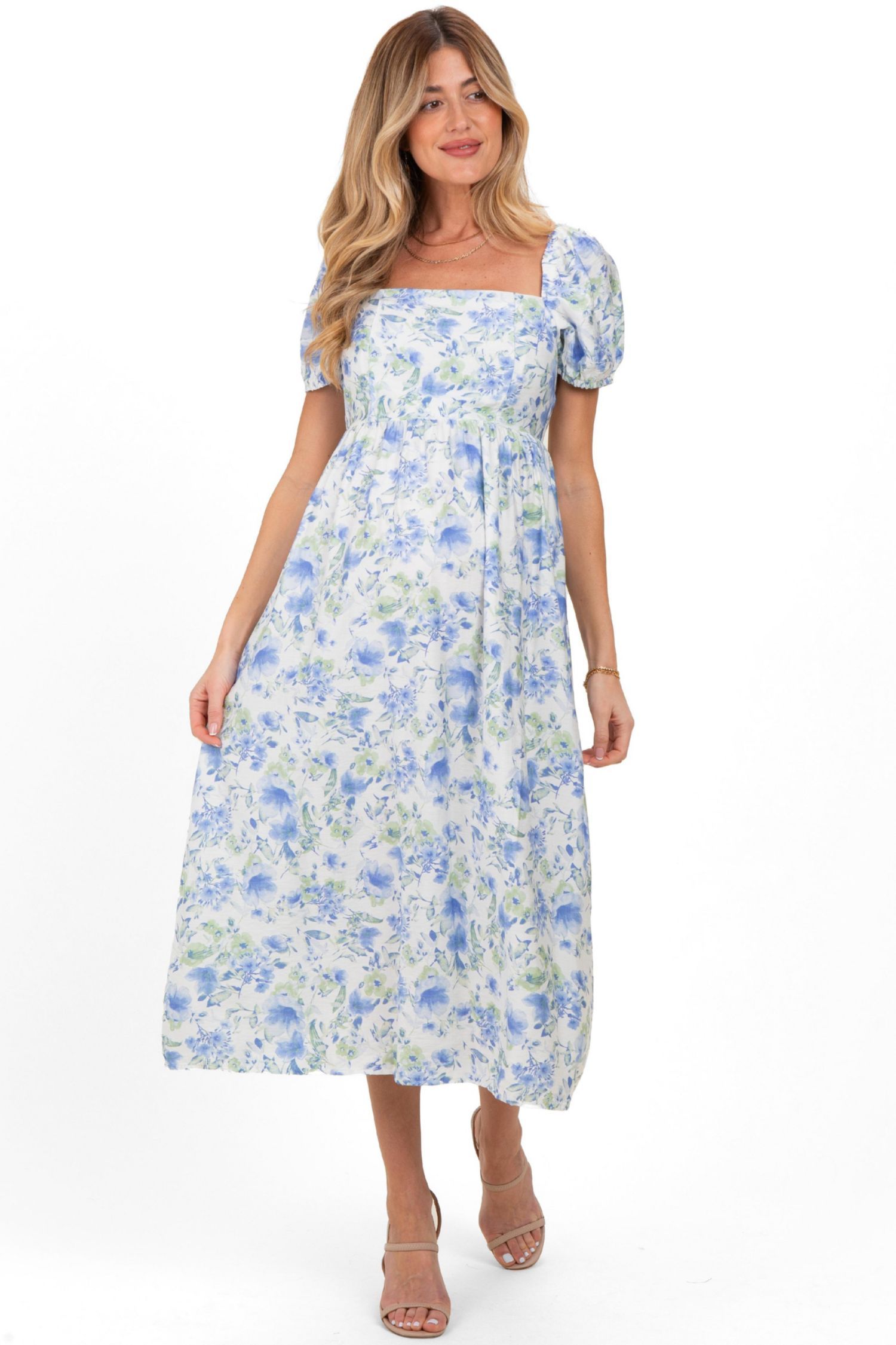 Women's Blue Floral Crisscross Back Midi Dress
