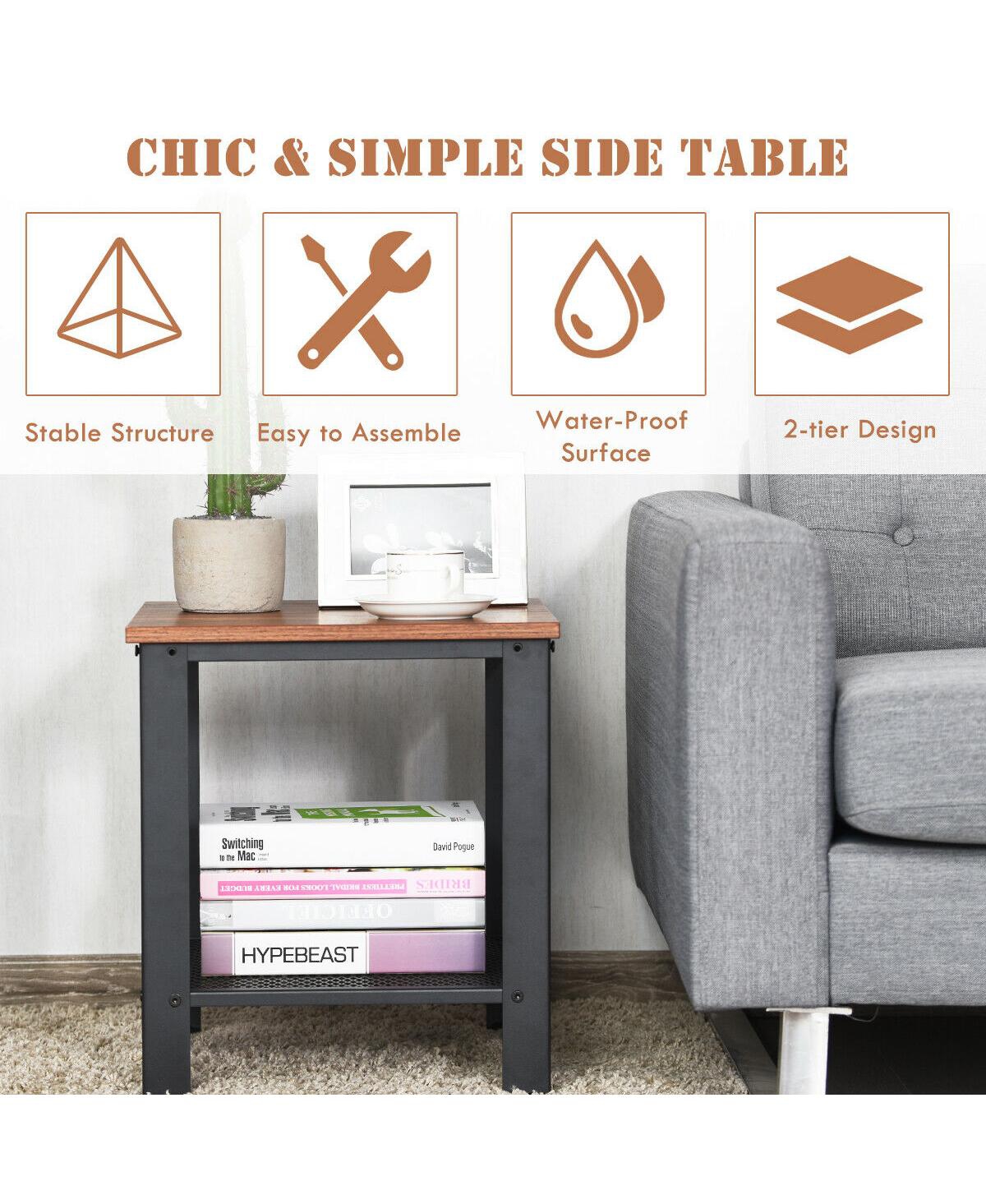 Gymax Industrial End Table 2-Tier Side Table W/Storage Shelf Rustic Sofa Table