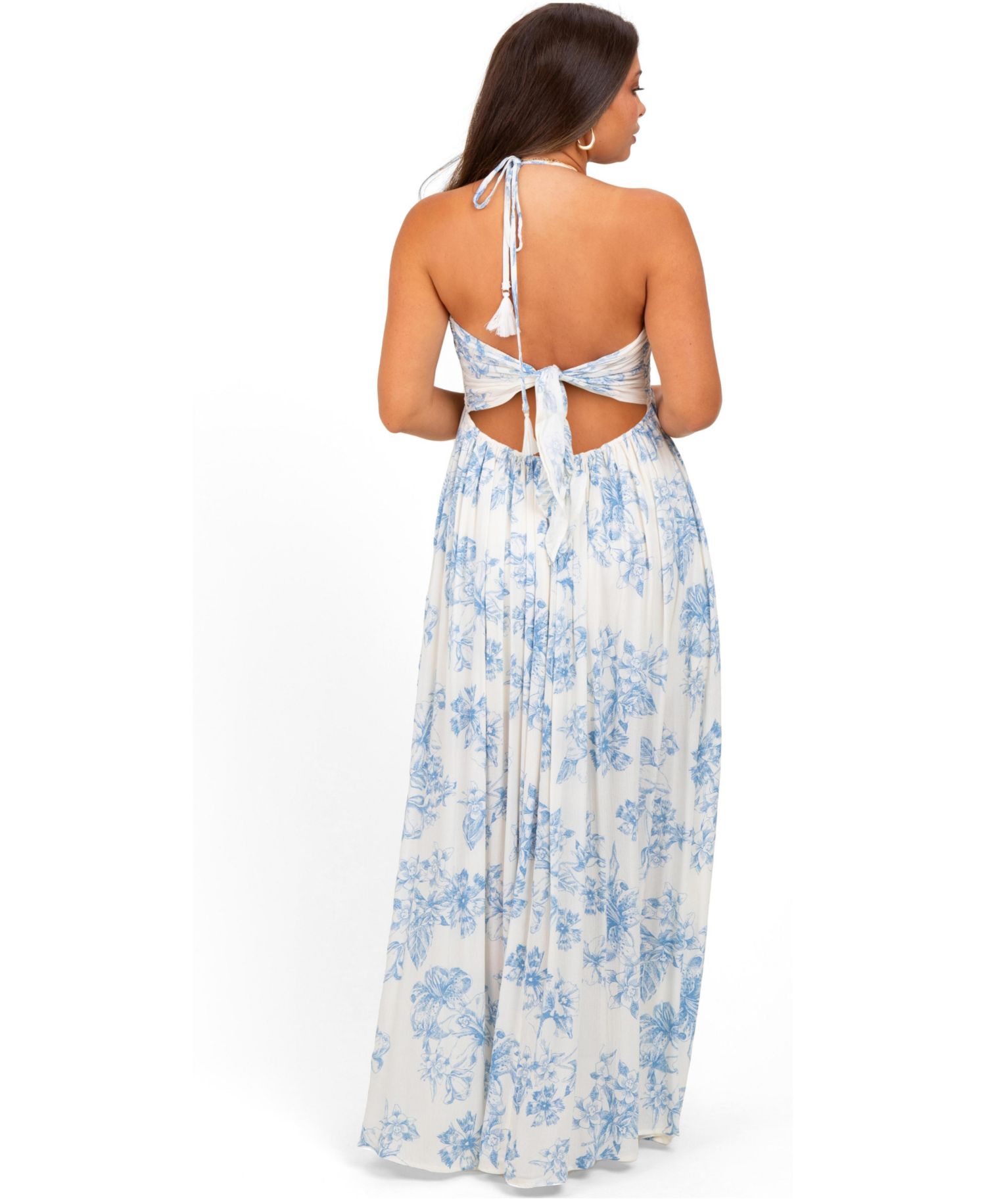 Women's Light Blue Floral Tie-Back Halter Maxi Dress