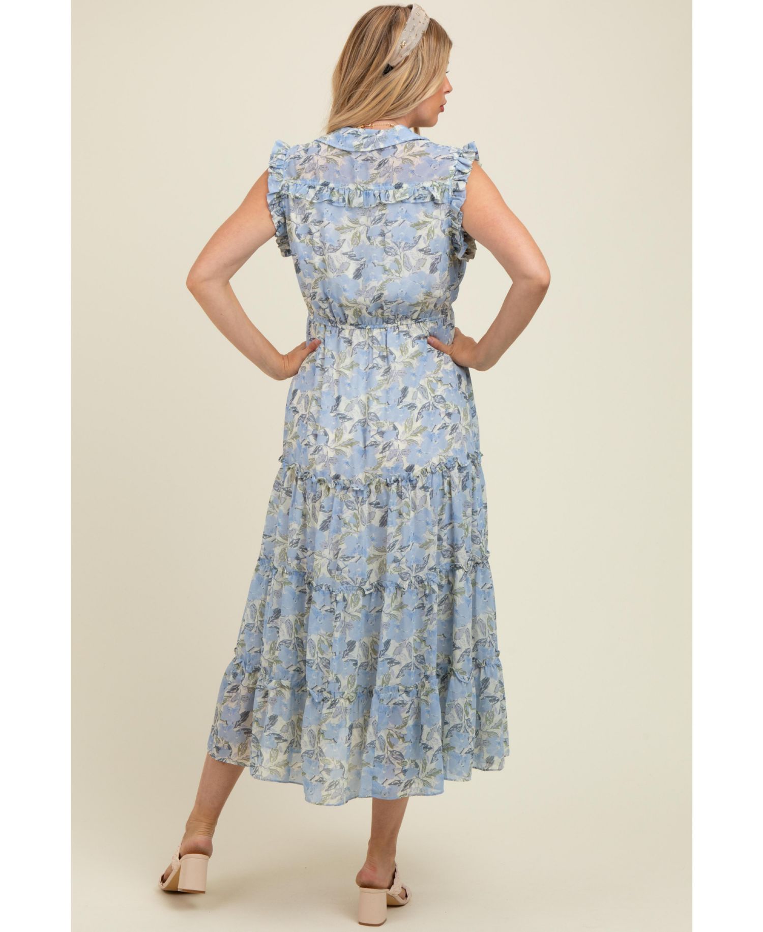 Women's Blue Floral Print Frilled Pocketed Midi Dress