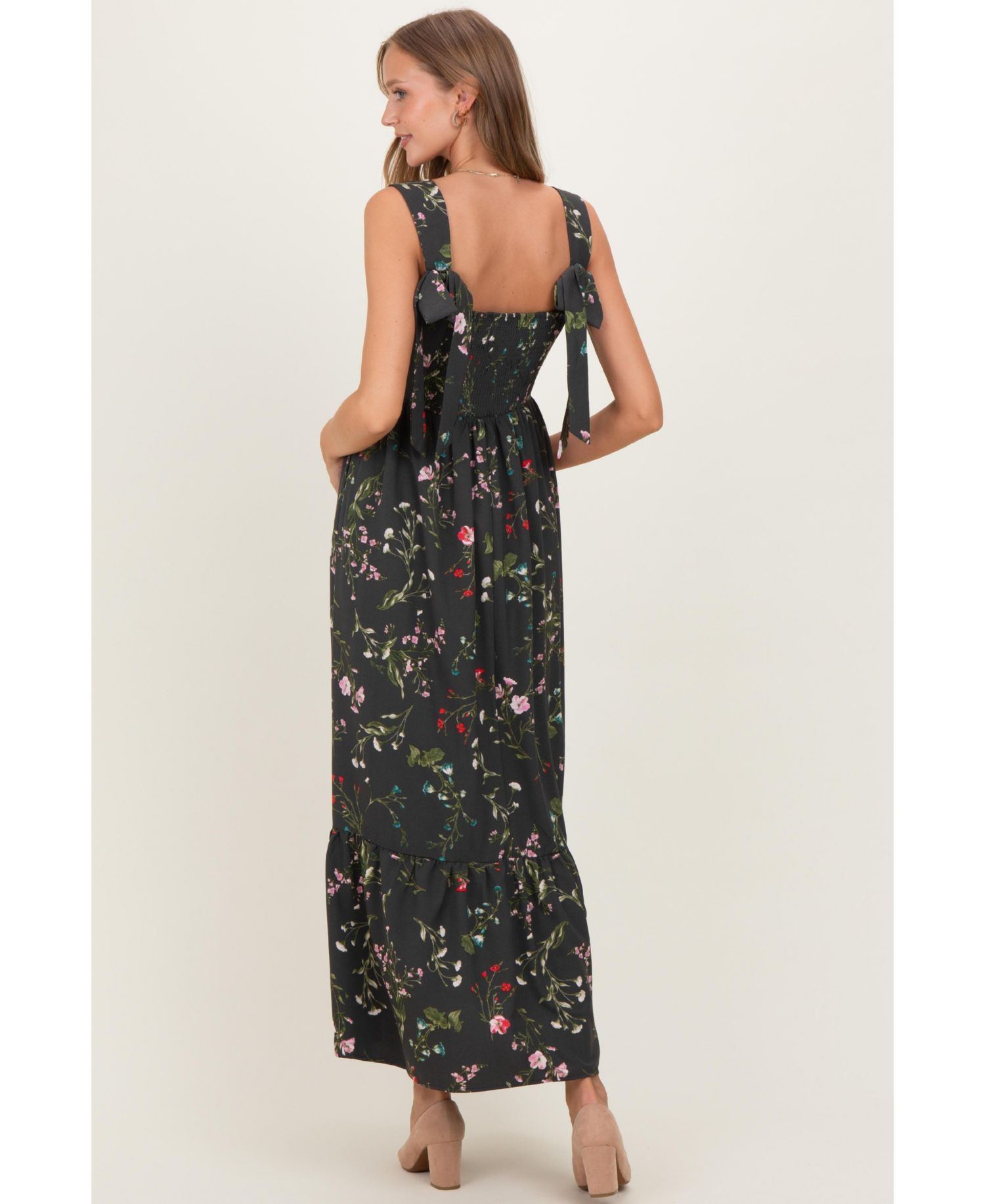Women's Forest Green Floral Bow Strap Maxi Dress