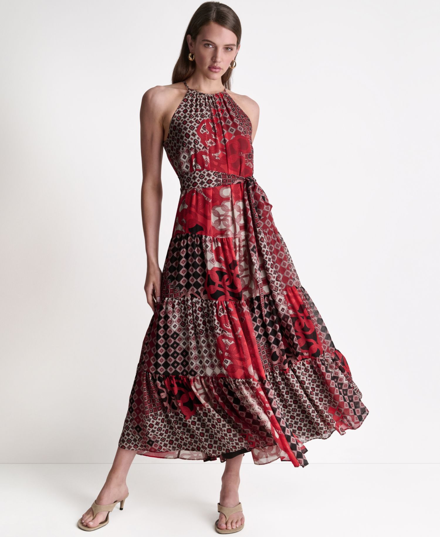 Women's Patchwork Chiffon Halter Maxi Dress with Tiered Skirt