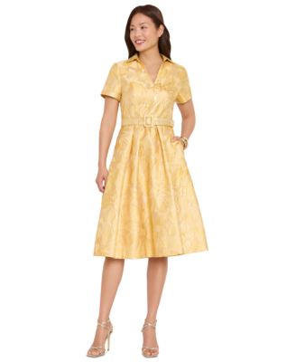 Women's Belted Short-Sleeve Collared Midi Dress