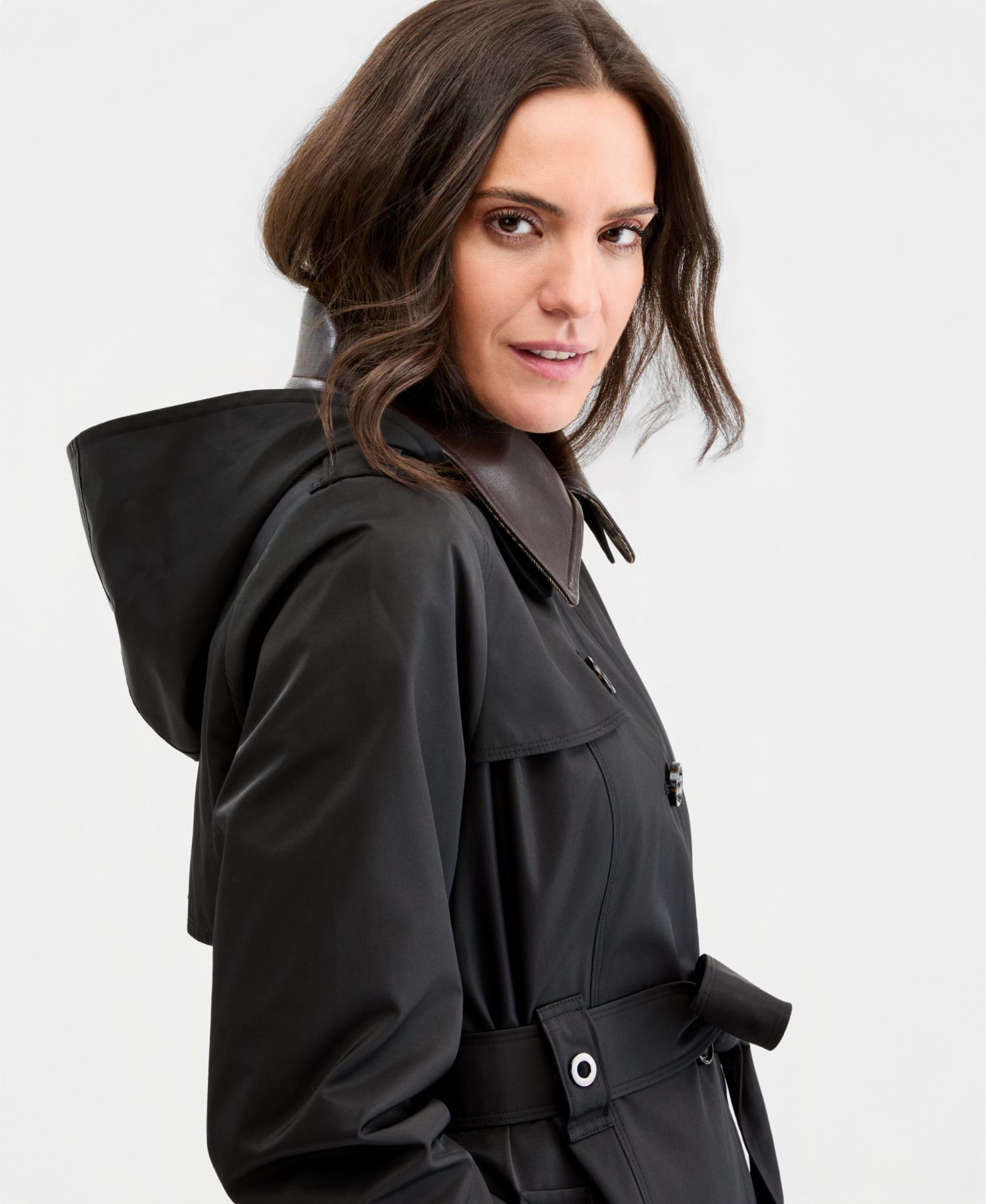 Women's Faux-Leather-Collar Maxi Trench Coat