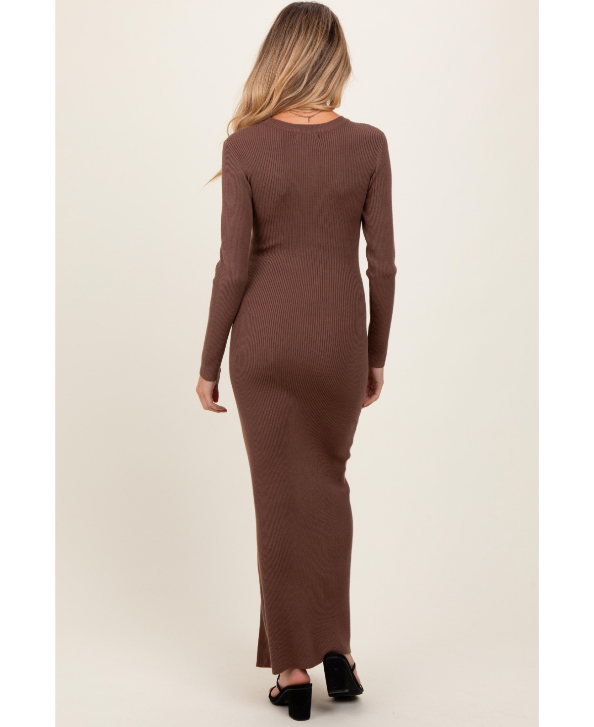 Pinkblush Maternity Mocha Ribbed Knit Long Sleeve Side Slit Maxi Dress