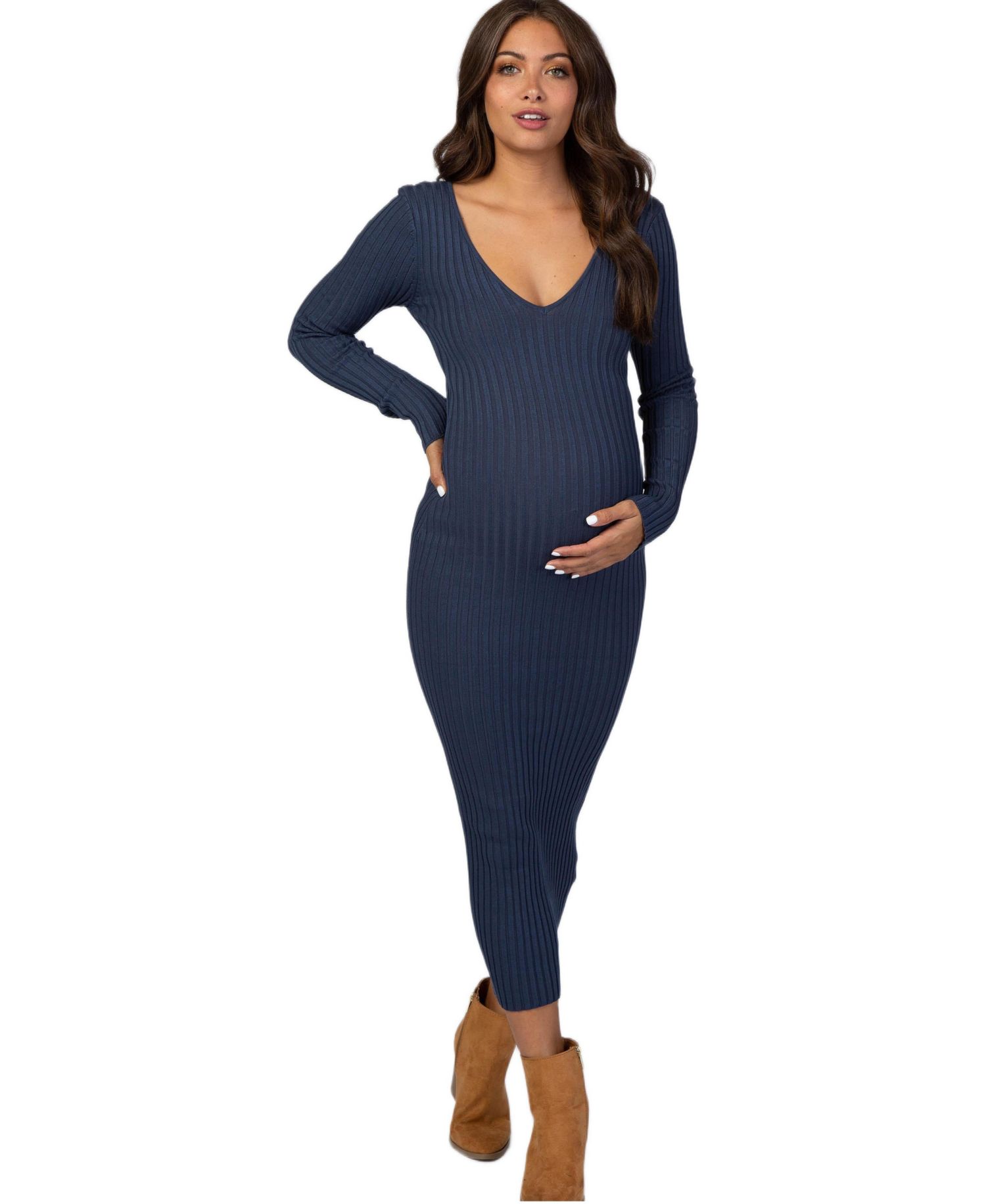 Women's Dark Red V-Neck Long Sleeve Fitted Maxi Dress