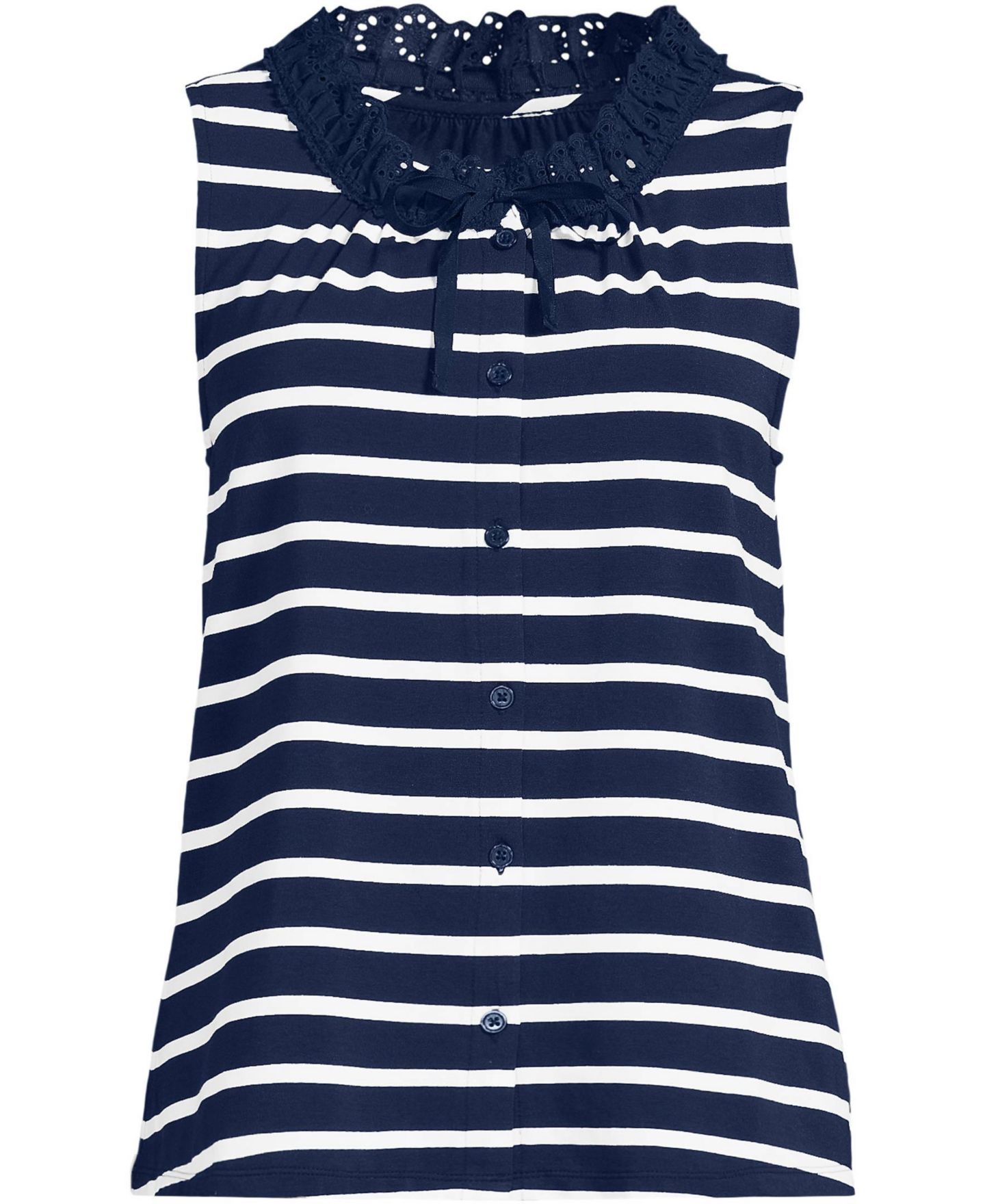 Женский топ Lands' End Lightweight Jersey Button Front Lace Trim, цвет: Морской тёмно-синий полосатый — фото 3