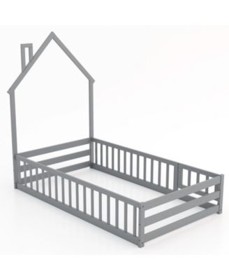 Twin Size Montessori Floor Bed with Lockable Door and Full-Length Guardrail