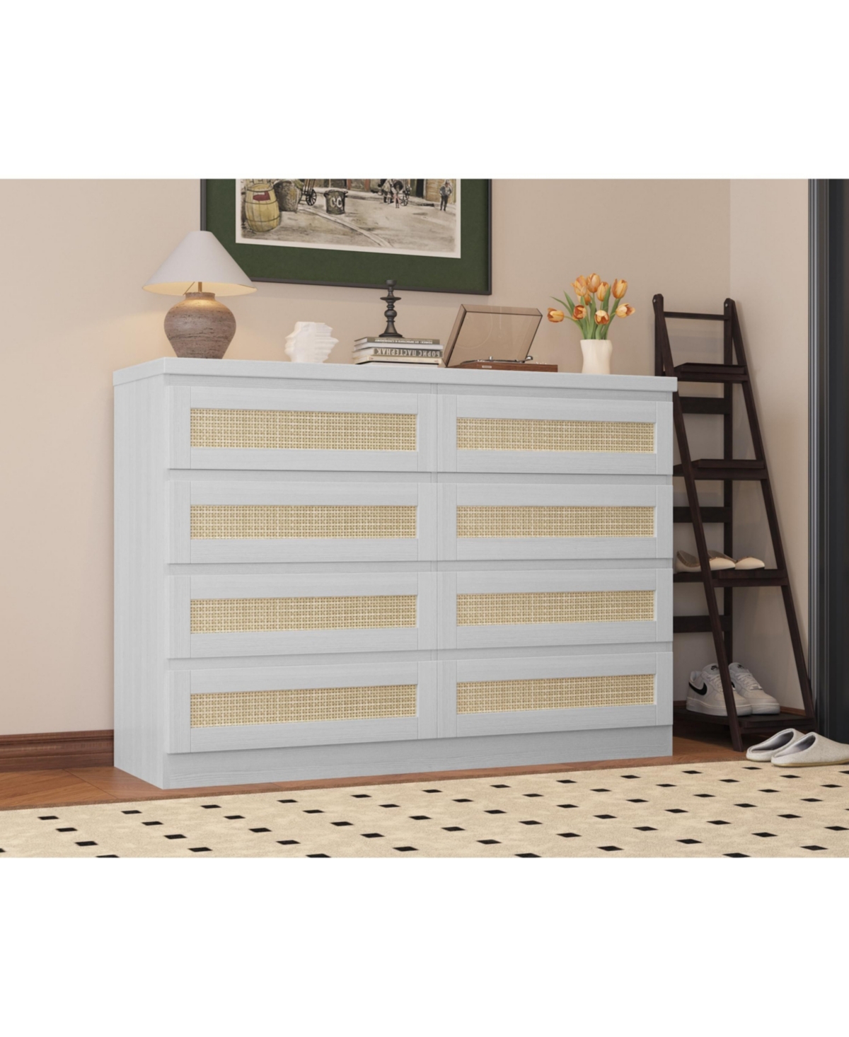 gaomon 8 Drawer Rattan Dresser for Bedroom, Double Wood Chest of Drawers Tv Stand
