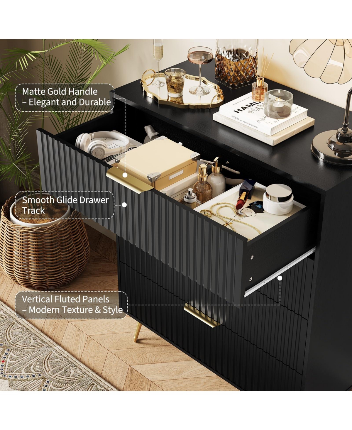 gaomon Fluted 4 Drawer Dresser for Bedroom Wide Wood Chest with Metal Handles Storage Cabinet
