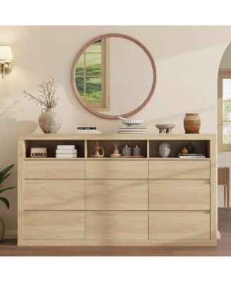 9 Drawer Modern Wooden Dresser with 3 Open Shelves, Handleless Storage Chest for Bedroom Living Room