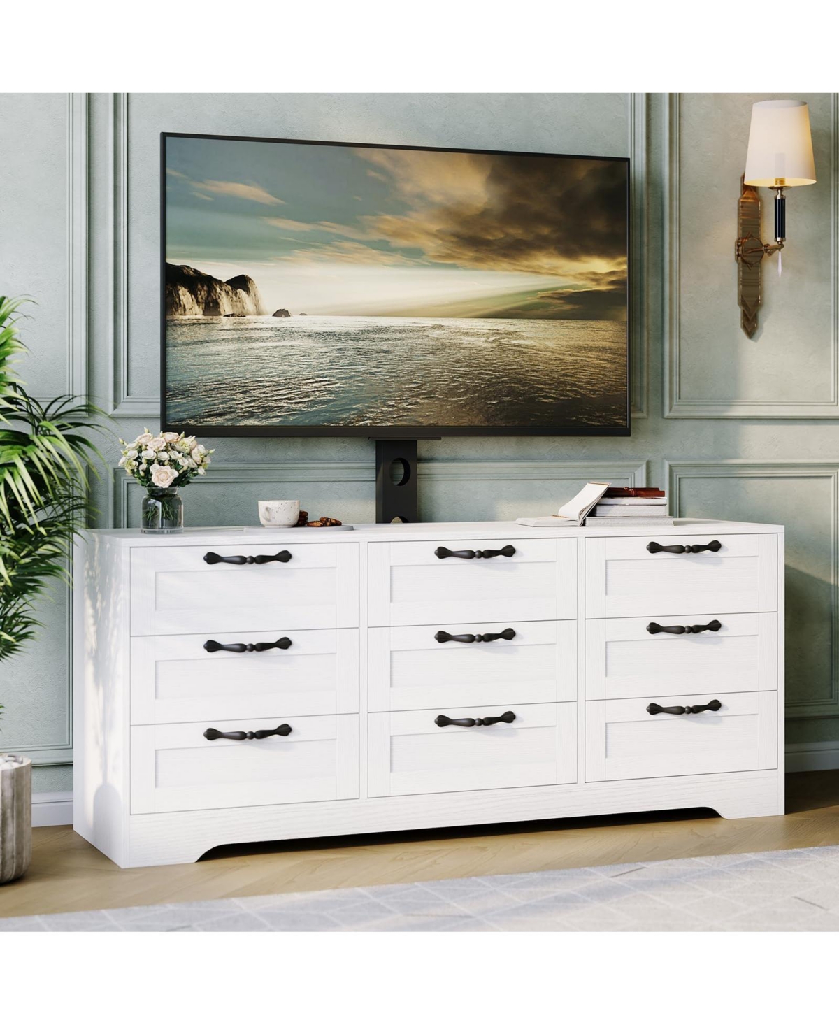 gaomon Tv Stand with Mount for Tvs, Modern Media Console with 9 Drawers and Adjustable Height TV Bracket