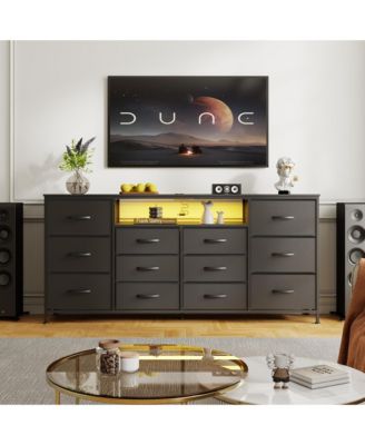 63 inch Dresser TV Stand with 12 Drawers for 65-75 inch TVs, Fabric Storage Chest with Charging Station and LED Lights