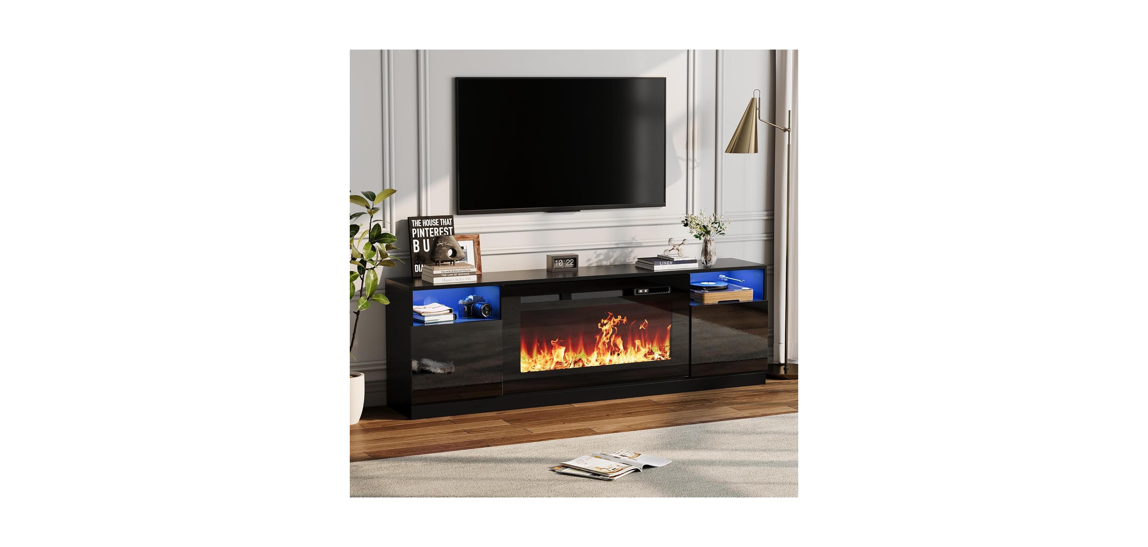 gaomon Fireplace Tv Stand for TVs , Entertainment Center with Electric Fireplace, Led Lights and Cabinets
