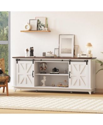  Farmhouse TV Stand for TVs Media Console with Sliding Barn Doors, Adjustable Shelf and Charging Station