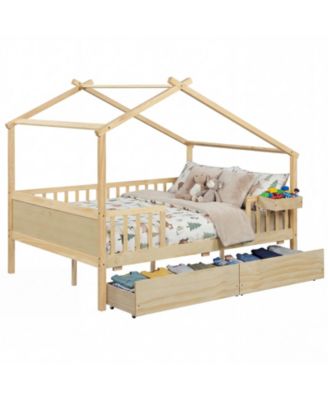 Kids Full House Bed Frame with Roof and Safety Rails