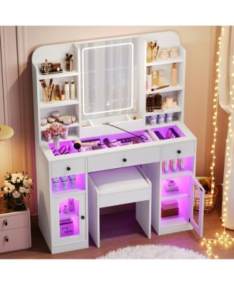 LED Vanity Desk with Mirror, RGB Lights, Storage, and Stool