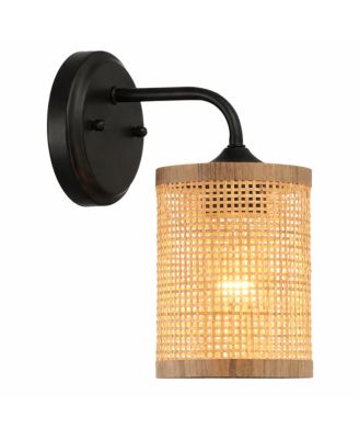 Single Light Wall Sconce Rattan Shade Rustic Wicker Wall Light Fixture for Bathroom Bedroom Living Room