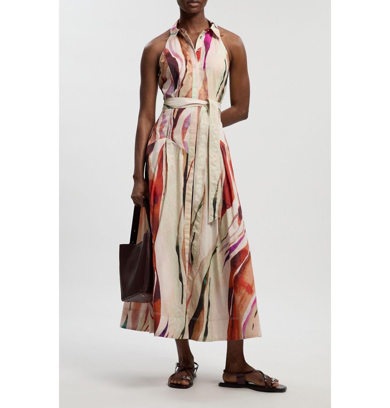 Women's Marble Print Halter Midi Shirt Dress