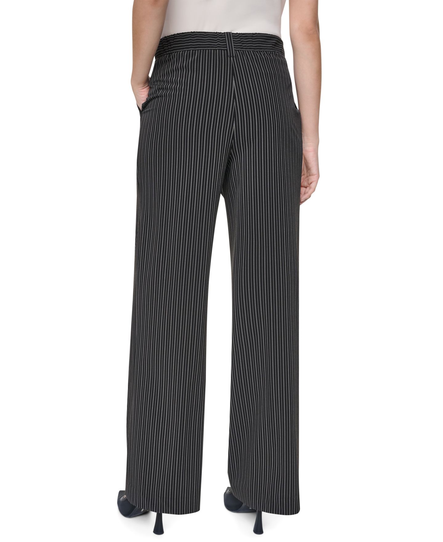 Женские брюки DKNY Every Day Stretch Pleated Wide-Leg Trousers, цвет: Чёрный / Слоновая кость полосатый — фото 5