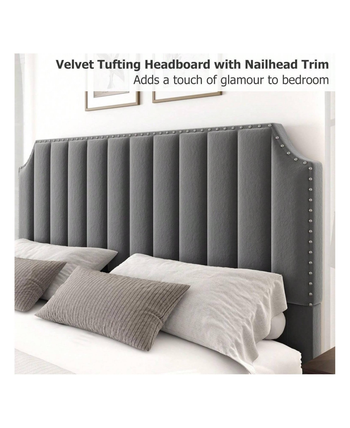 gaomon Queen Platform Bed Frame, Velvet Upholstered, 50.2" Vertical Channel Tufted Headboard & Footboard