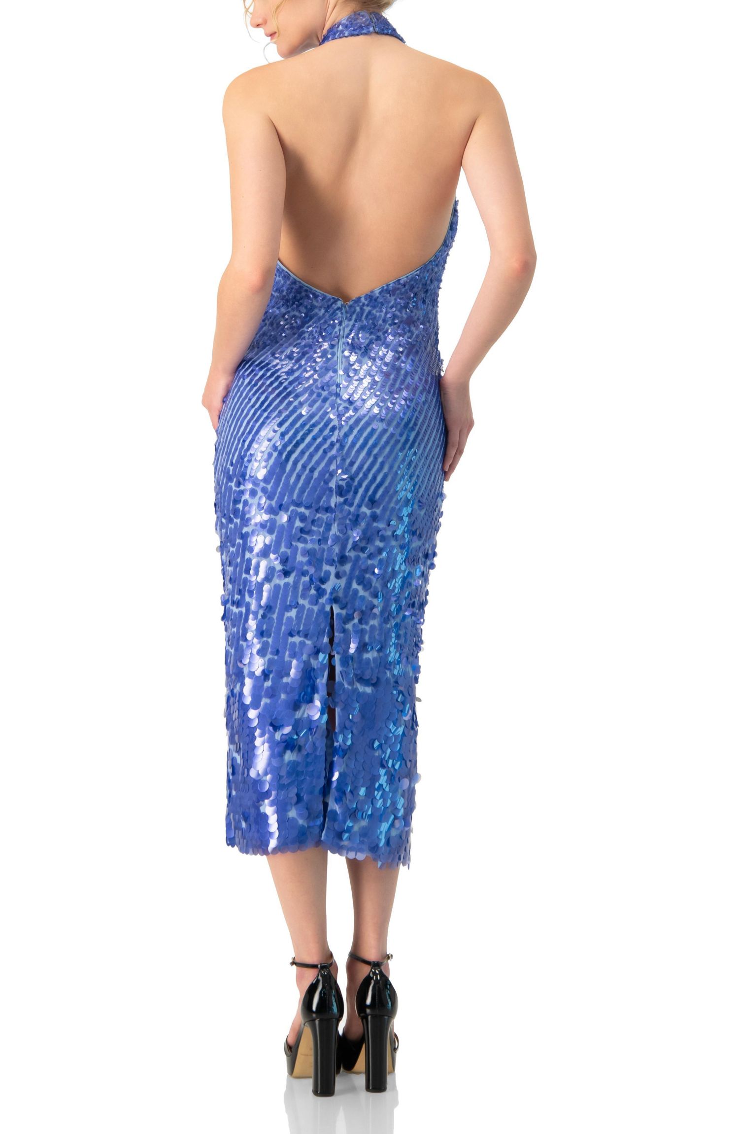 Women's Halter Paillette Sequin Midi Dress With Open-Back