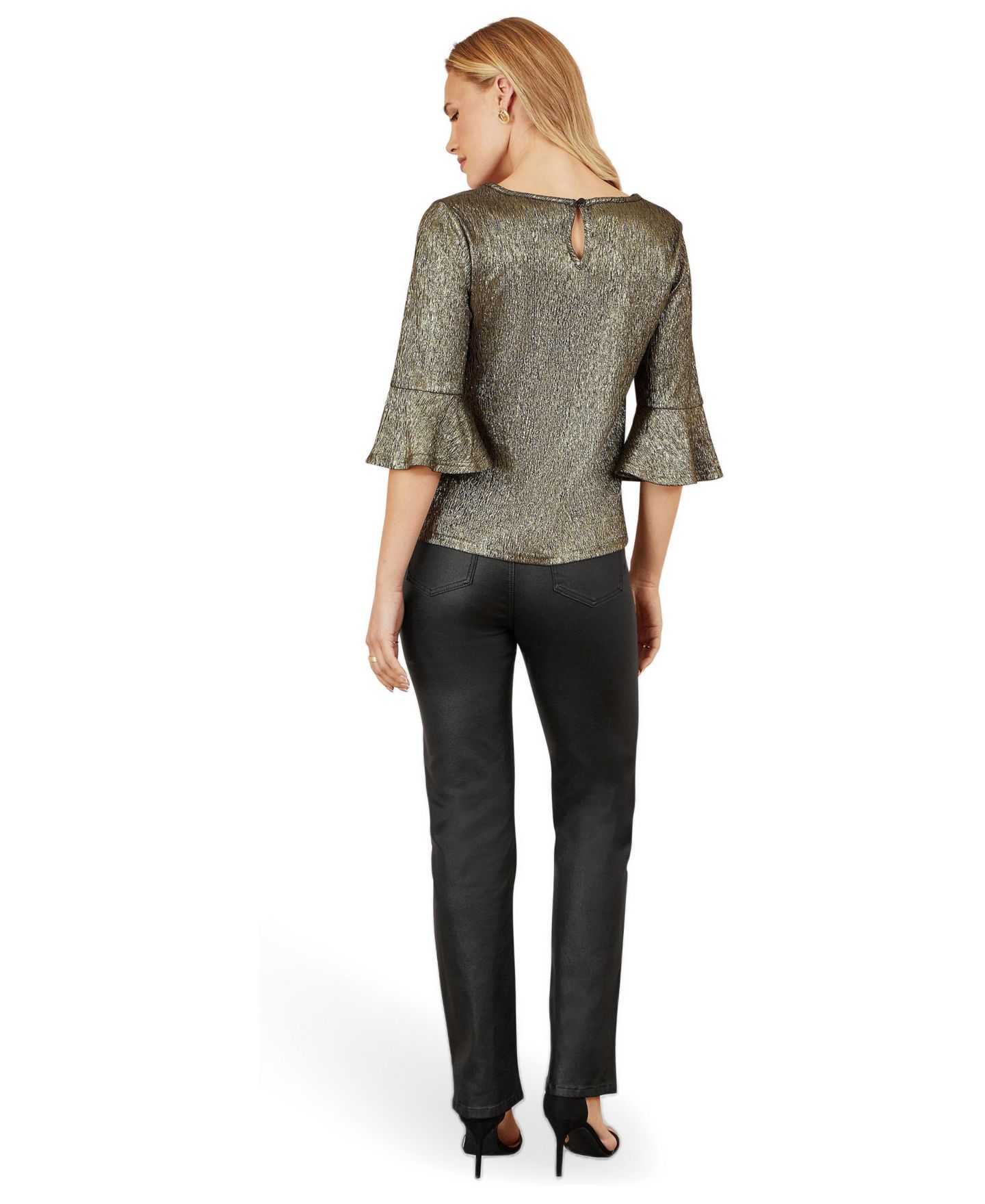 Женский топ Yumi Fluted Sleeve Metallic Stretch, цвет: Золотой — фото 3
