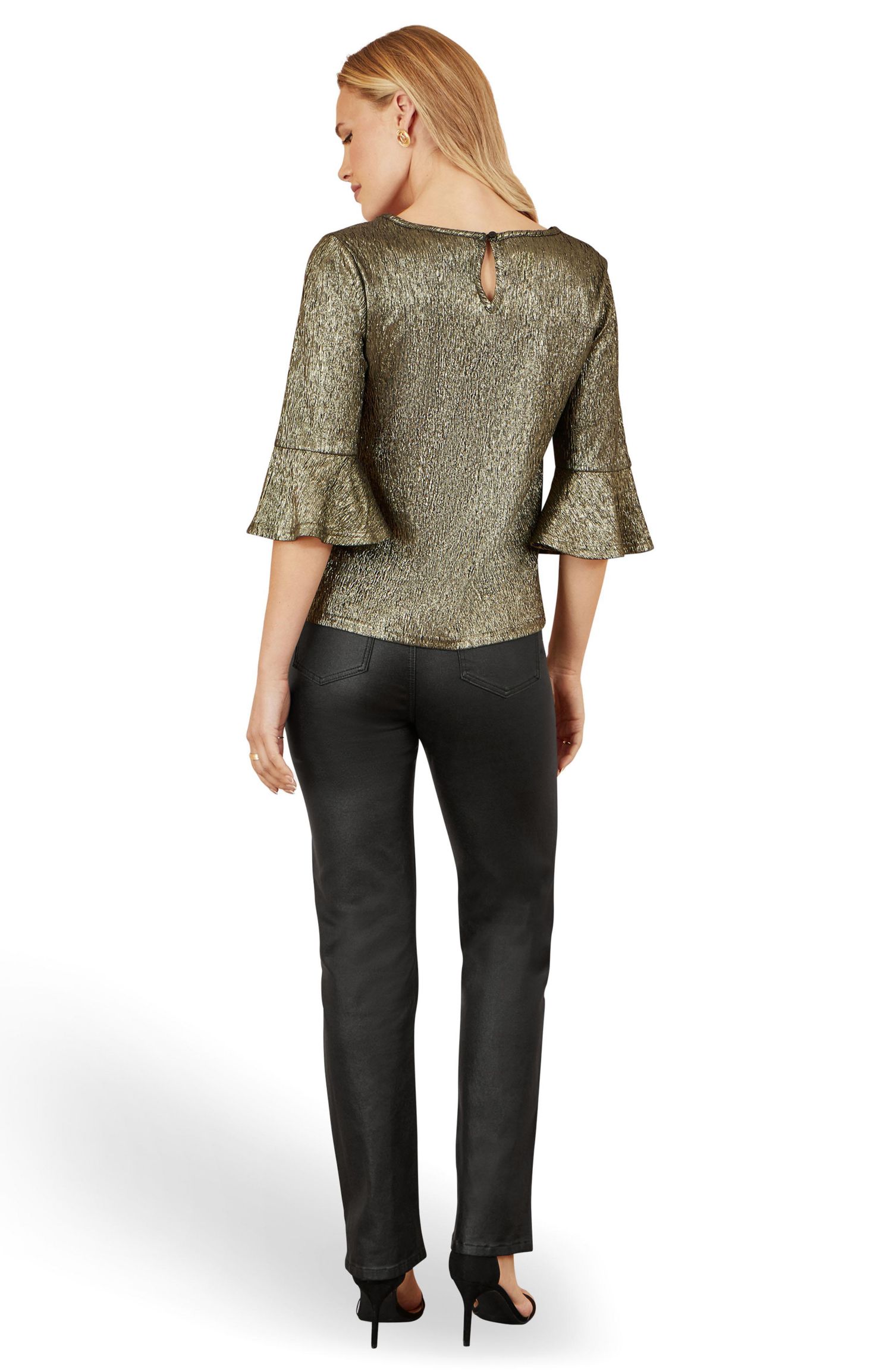 Women's Fluted Sleeve Metallic Stretch Top