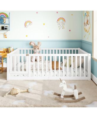 Twin Size Bed Floor Bed with Safety Guardrails and Door for Kids