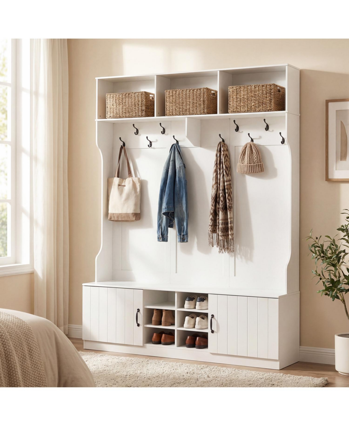 Slickblue Entryway Hall Tree 6-in-1 with Bench and Storage Unit