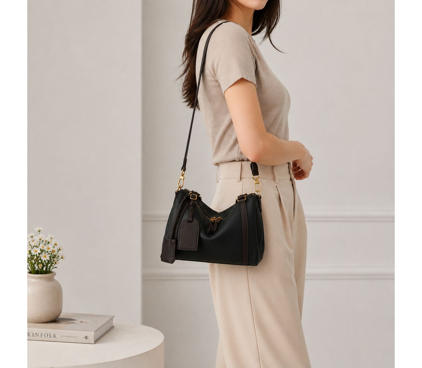 Женская сумка SUSU Elara Pebbled Leather Satchel Boston Dome Bag Top Handle Shoulder Crossbody Handbag, цвет: Чёрный — фото 2
