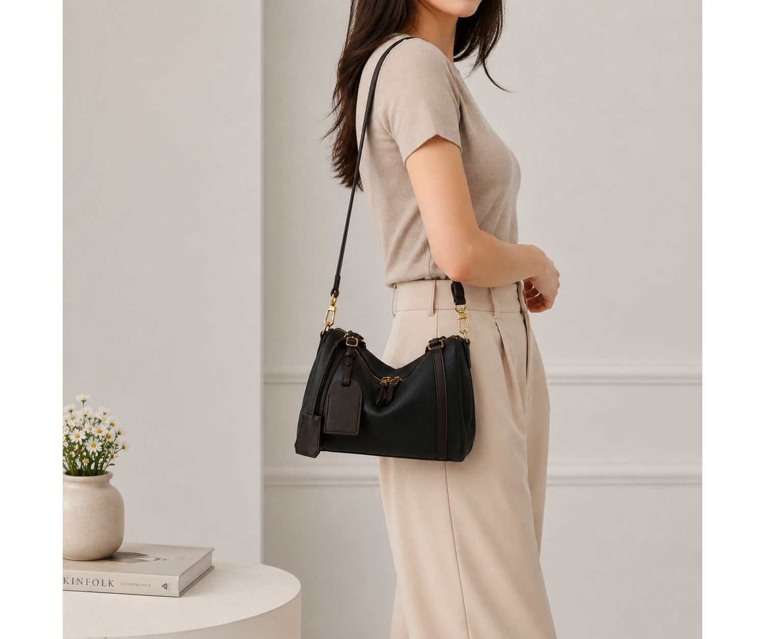 Women's Elara Pebbled Leather Satchel Boston Dome Bag Top Handle Shoulder Crossbody Handbag