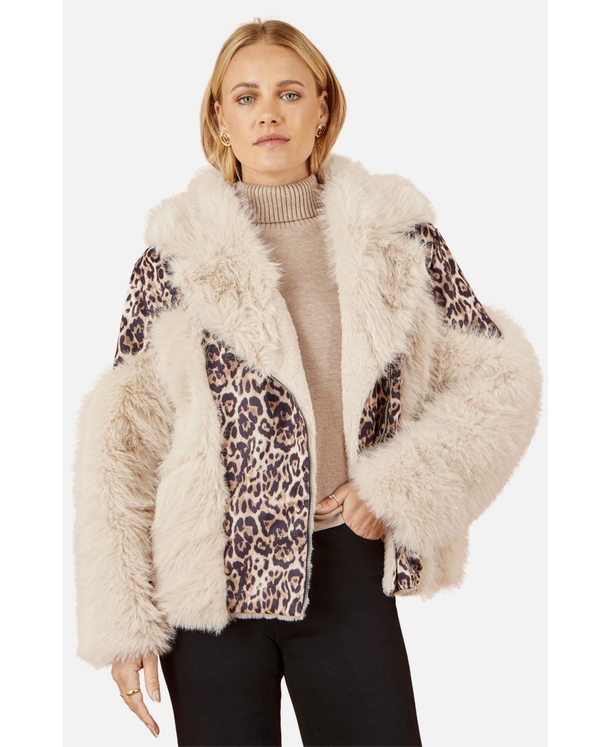 Yumi Women's Faux Fur Biker Leopard Print Jacket