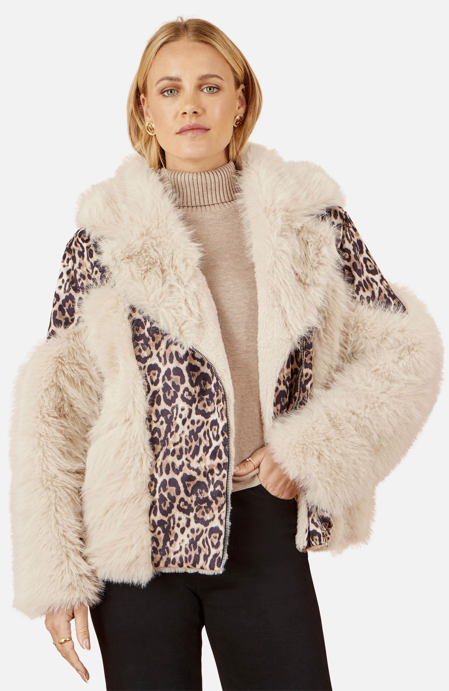 Women's Faux Fur Biker Leopard Print Jacket