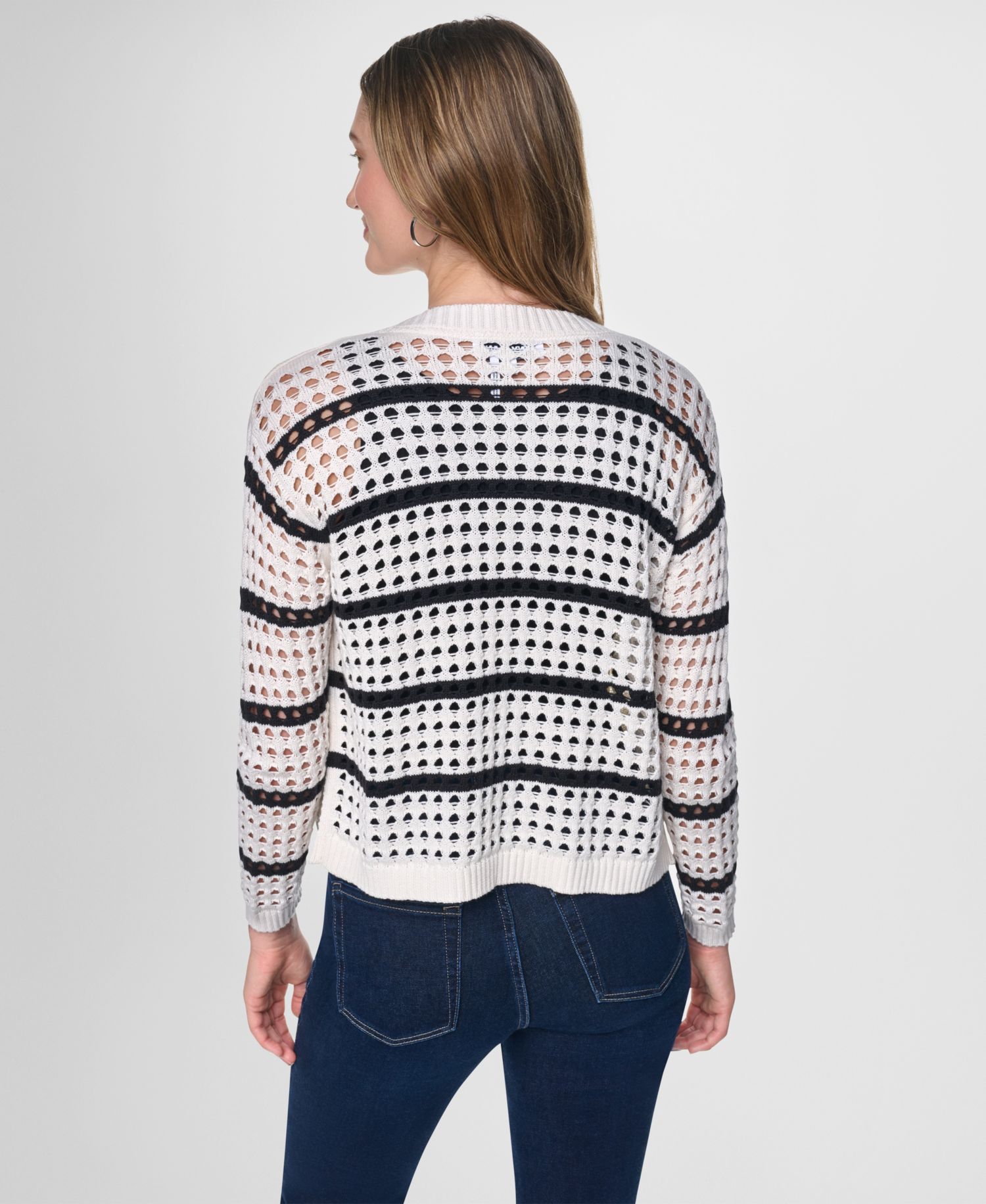 Women's Relaxed-Fit Stripe Open Stitch Drop Shoulder Open-Front Cardigan