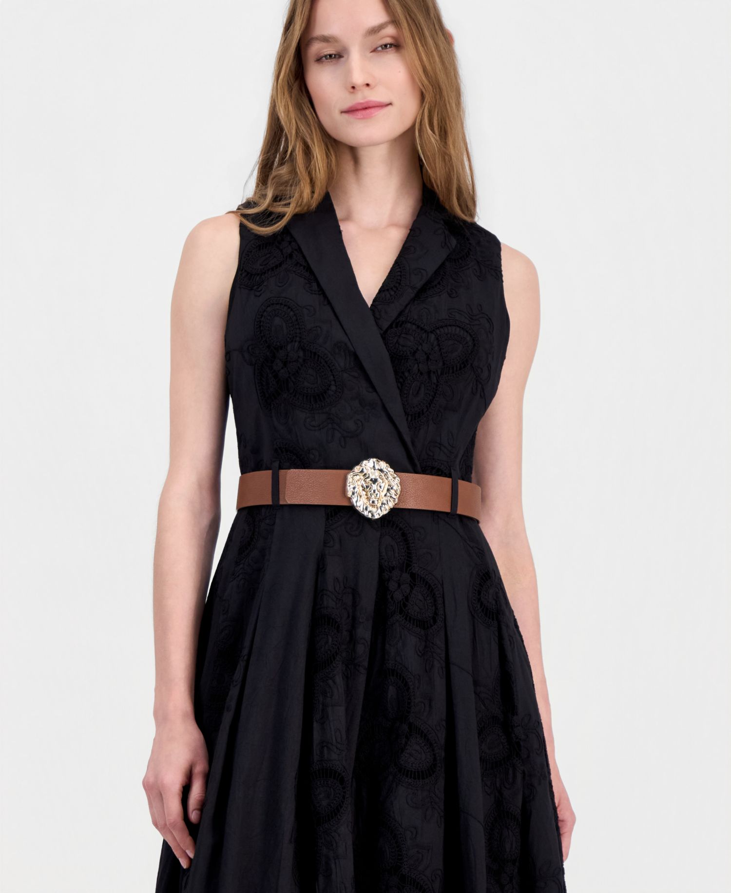Women's Belted Eyelet Embroidered Cotton Midi Dress