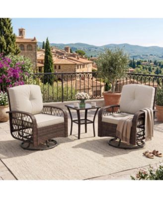 3-Piece Outdoor Swivel Rocking Chair Set with Cushions and Glass Coffee Table, Wicker Patio Bistro Set for Porch or Garden