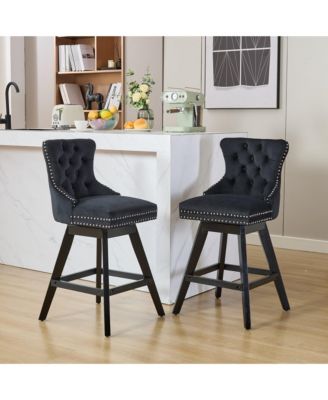 Swivel Velvet Barstools with Button Tufted Decoration and Wooden Legs, and Chrome Nailhead Trim, Leisure Style Bar Chairs,Bar stools, Set of 2