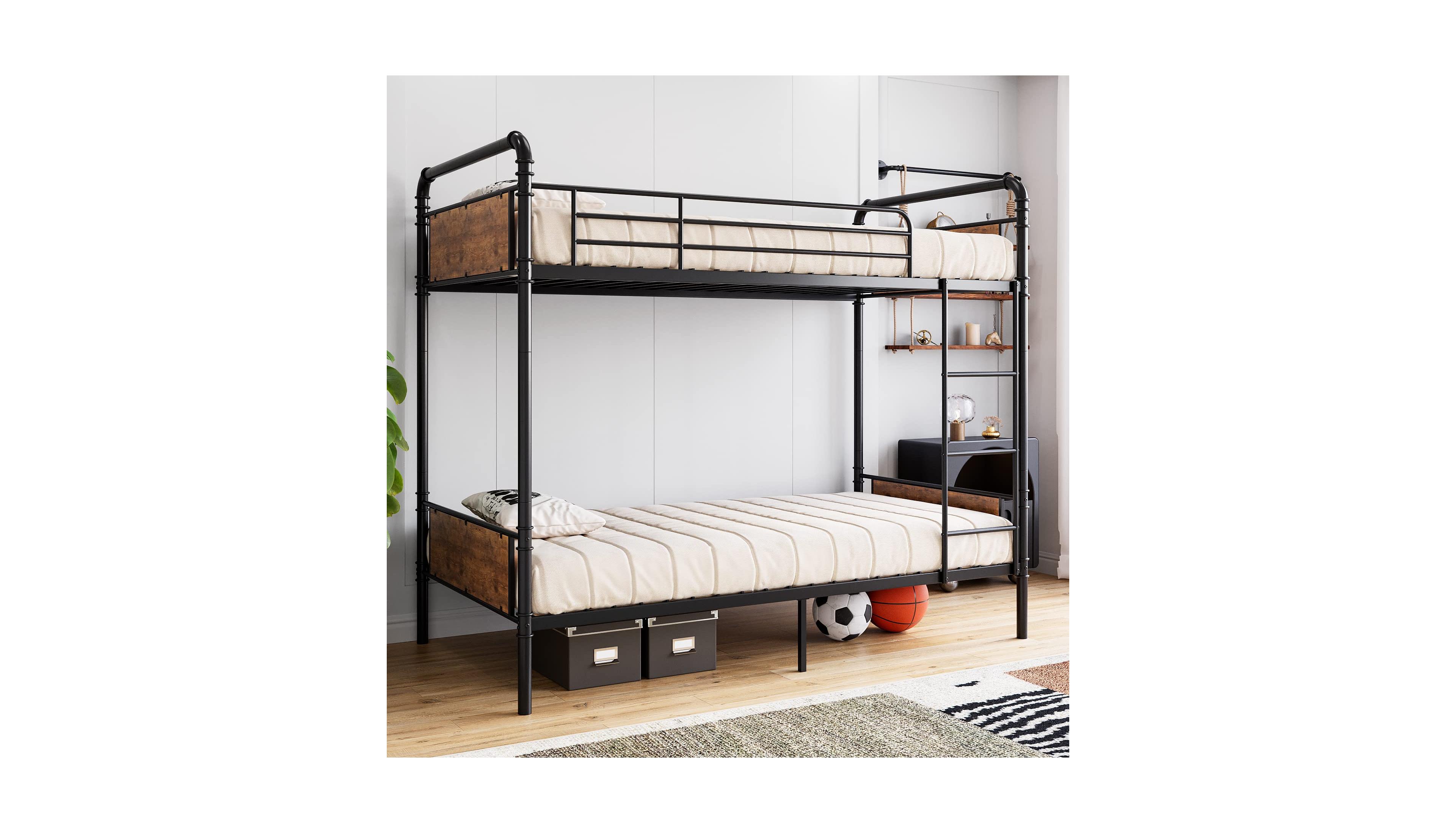 gaomon Metal Bunk Bed Twin Over Twin for Kids, Heavy Duty Twin Size Convertible Bunk Bed with Guardrail & Ladders