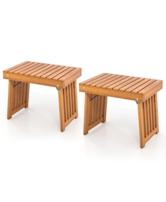 2 pieces Outdoor Folding Side Table Patio Acacia Wood End Table with Slatted Tabletop