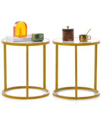 2 pieces Marble Top Round Side Table 19.5''x19.5'' End Table with Golden Metal Frame