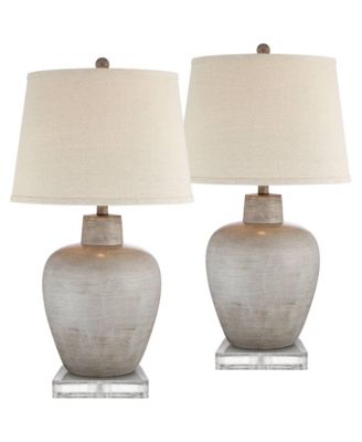 Designer Rustic Country Cottage Table Lamps Set of 2 with Square Risers 28 1/2" Tall Neutral Fabric Drum Shade for Bedroom Bedside