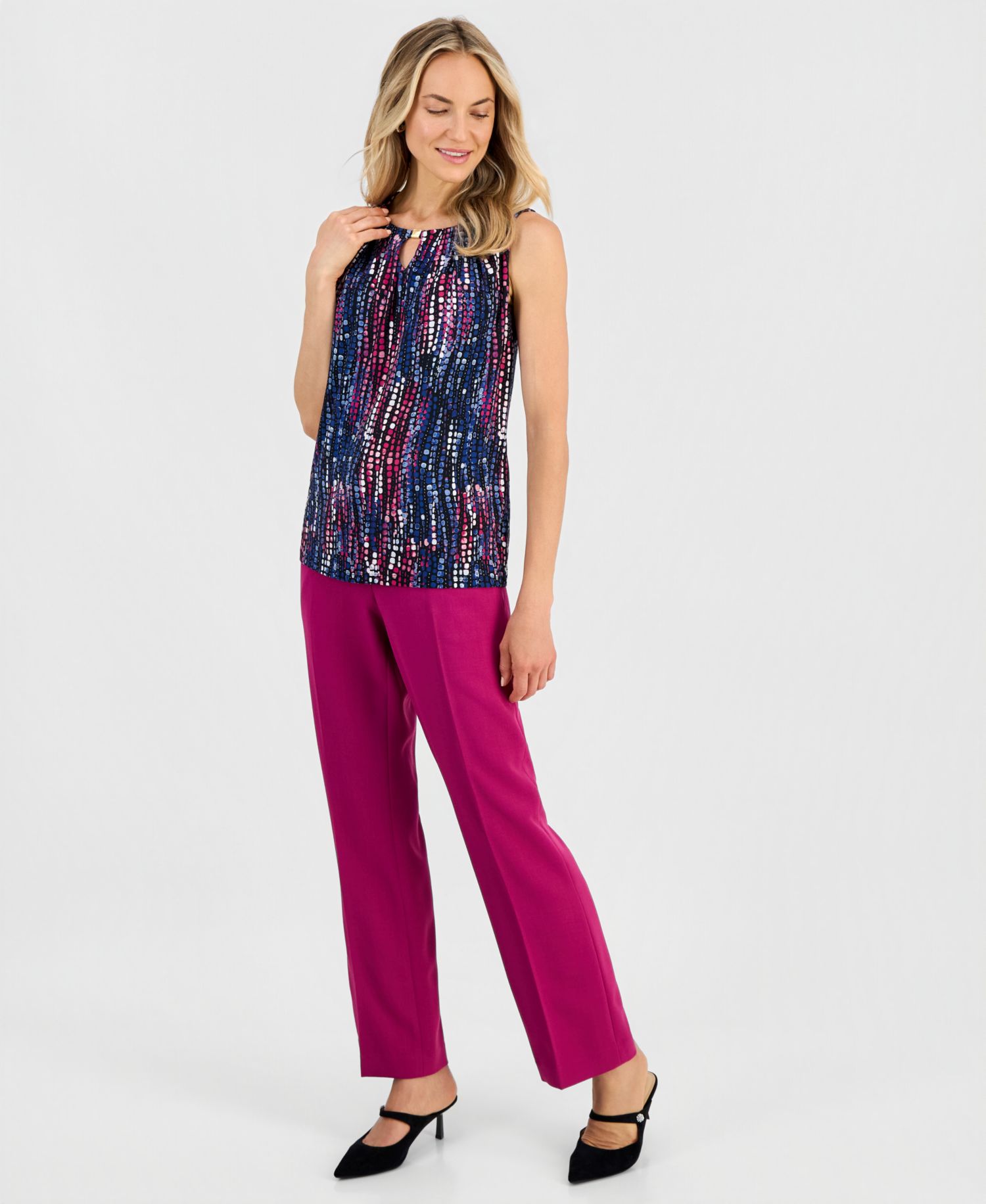 Petite Printed Pleat-Neck Sleeveless Top