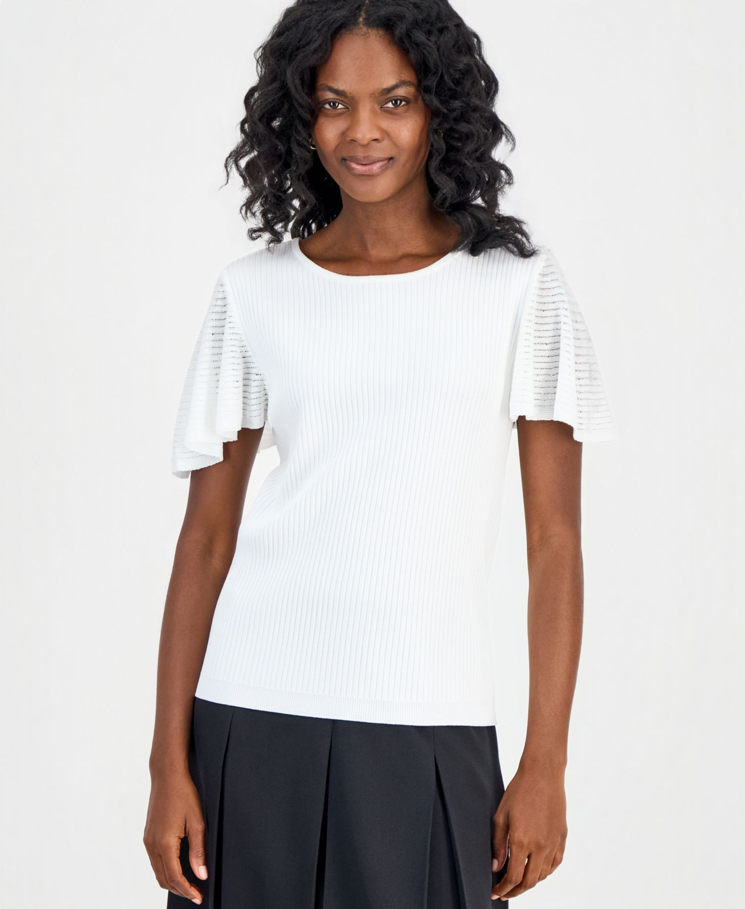 Petite Crewneck Flutter-Sleeve Rib-Knit Sweater