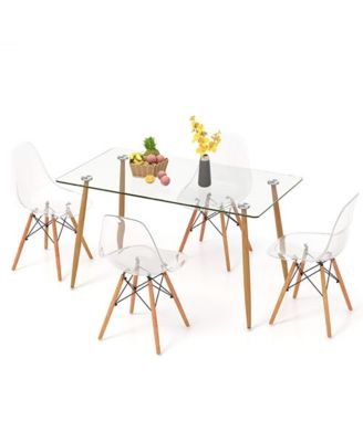 Modern 5-Piece Dining Table Set w/ Rectangle Glass Table and 4 Transparent Chairs