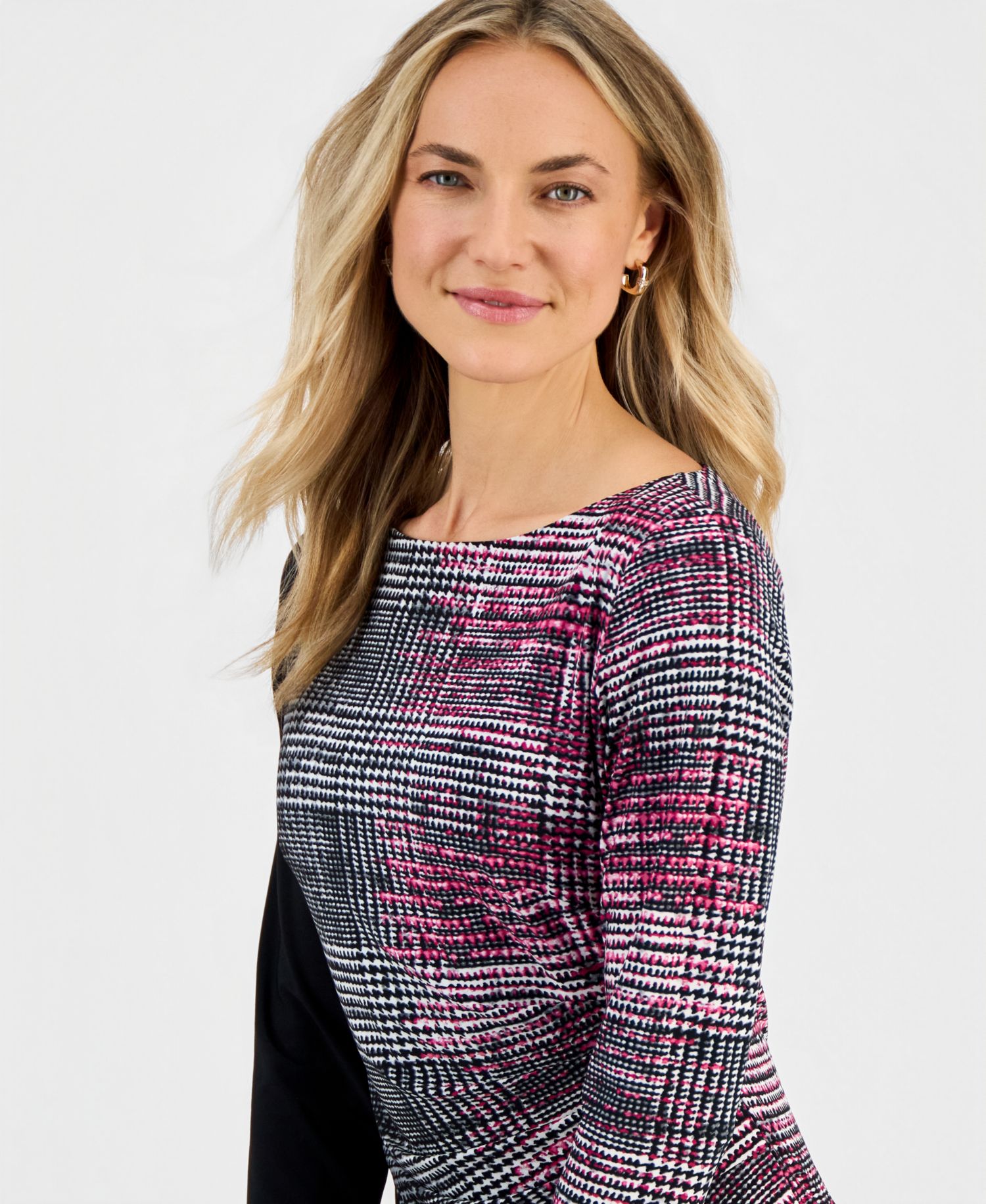 Petite Boat-Neck Side-Pleat 3/4-Sleeve Dress