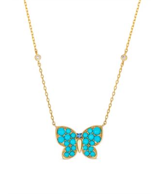 Sapphire (1-1/4 ct. t.w.), Robin's Egg Blue Turquoise™ & Diamond (1/20 ct. t.w.) Bow Pendant Necklace in 14k Honey Gold