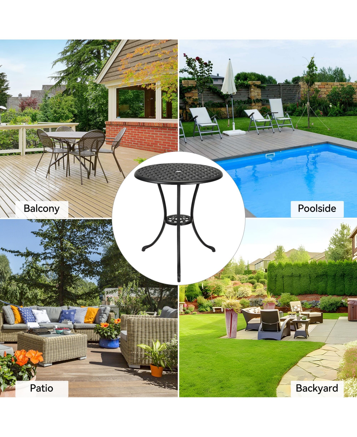 homfan 24-Inch Cast Aluminum Outdoor Patio Bistro Table, Weather-Resistant Round Dining Table w/ Umbrella Hole and Floral Lattice Design