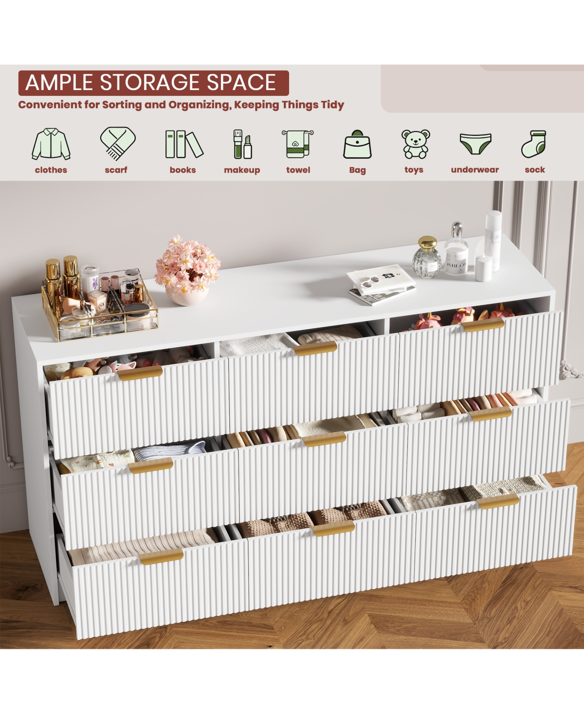 gaomon Fluted 9 Drawers Dresser for Bedroom, 59" Wide Modern Chest of Drawers with Metal Handles, For Living Room, Entryway, Hallway