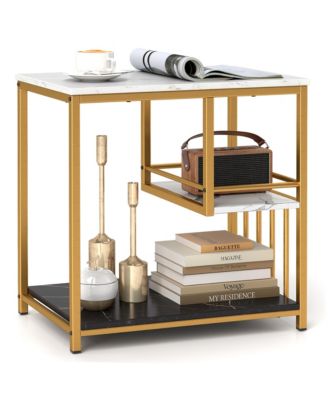 End Table 3-Tier Faux Marble Side Table Storage Shelves Luxury Rectangular Sofa Side Table